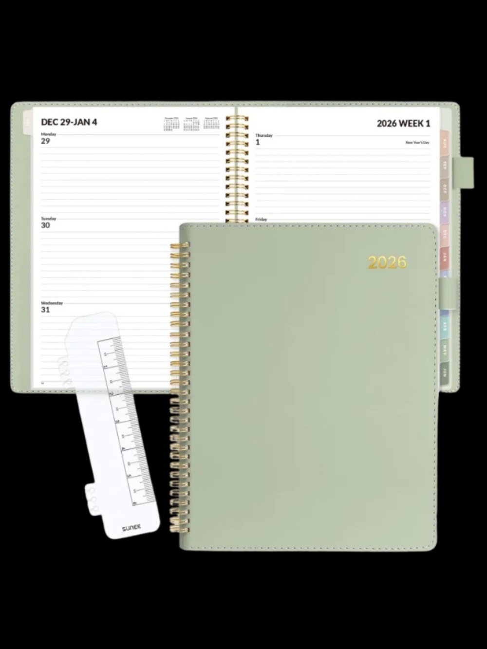 '26 Weekly/Monthly Cal/Planner, Vegan Leather, Bookmark, Tabs, Sage (ASIN-VDF5)